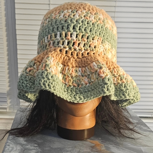 Crochet Bucket Hat-Sage Green and Bisque with cream - Picture 1 of 10